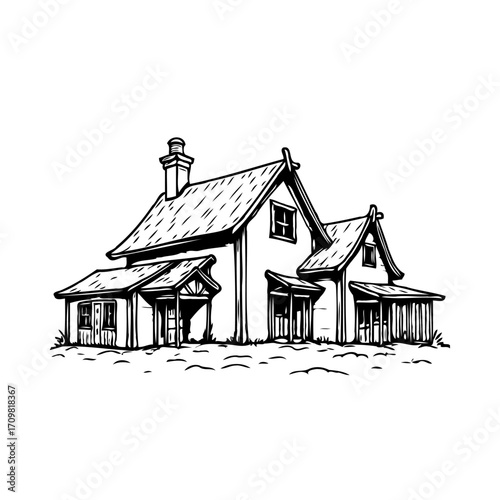 Stylized illustration of a charming rural house evoking nostalgia and tranquility in black and