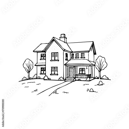 Stylized house illustration showcasing architectural details and a serene landscape with