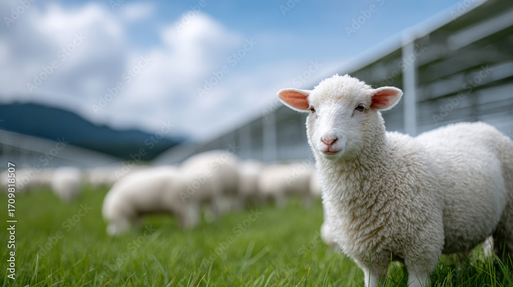 Obraz premium Curious white sheep on green farm with solar panel agrivoltaics