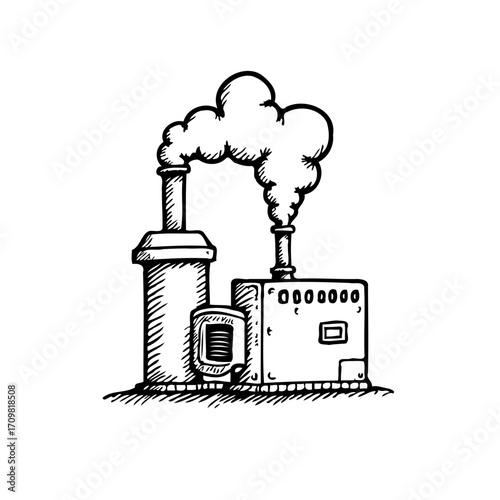 Stylized monochrome depiction of an industrial complex emitting plumes into the atmosphere drawing