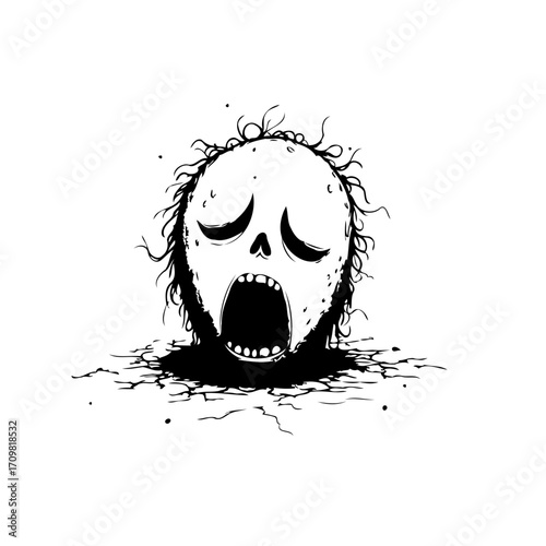 Stylized monochrome illustration showcasing a whimsical creature with a sorrowful expression