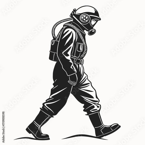 deep-sea diver in a vintage diving suit with helmet 