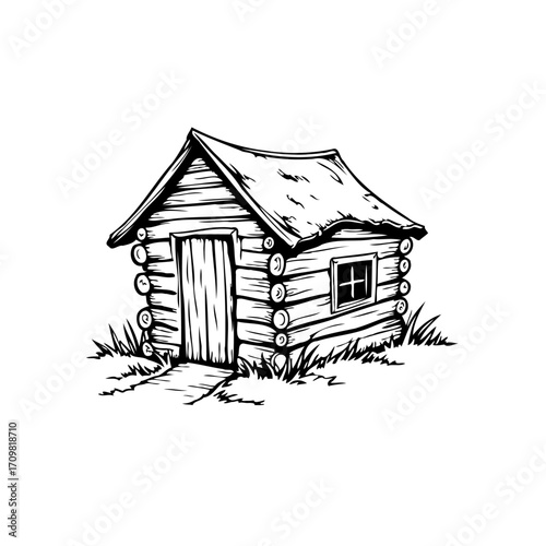 Stylized rustic log cabin illustration isolated on white background evoking simplicity and