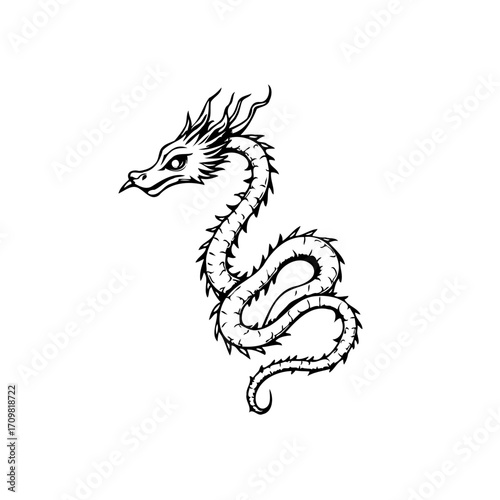 Stylized serpentine dragon artwork black ink drawing mystical creature oriental theme decorative