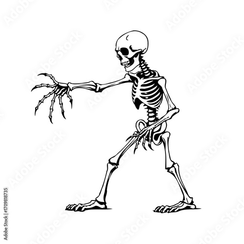 Stylized skeleton figure reaching forward with outstretched hand vector illustration graphic
