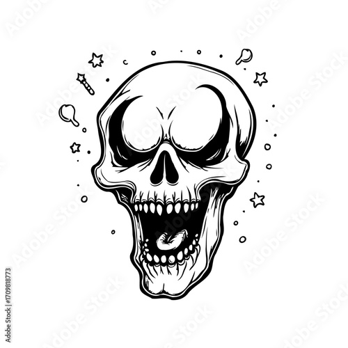 Stylized skull illustration adorned with celestial elements creating an eerie yet charming