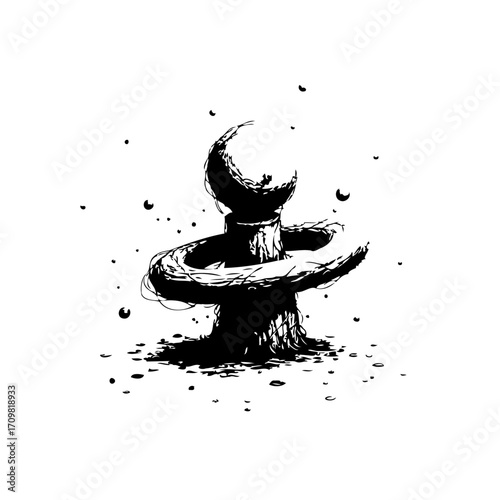 Stylized whimsical ink drawing of a surreal lunar tower with a swirling form in the monochrome sky