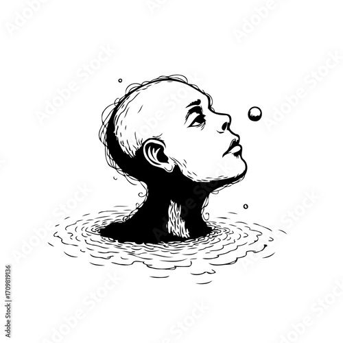 Surreal monochrome portrayal of a person emerging from water with introspective gaze and rising