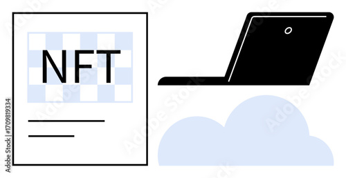 NFT document alongside a laptop and cloud graphic, symbolizing blockchain, digital assets, cloud computing. Ideal for NFT, tech, blockchain, digital storage, innovation finance simple flat metaphor
