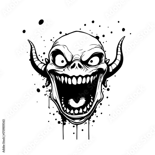 Terrifying grin of a horned phantom a chilling artwork presenting a menacing and distorted visage
