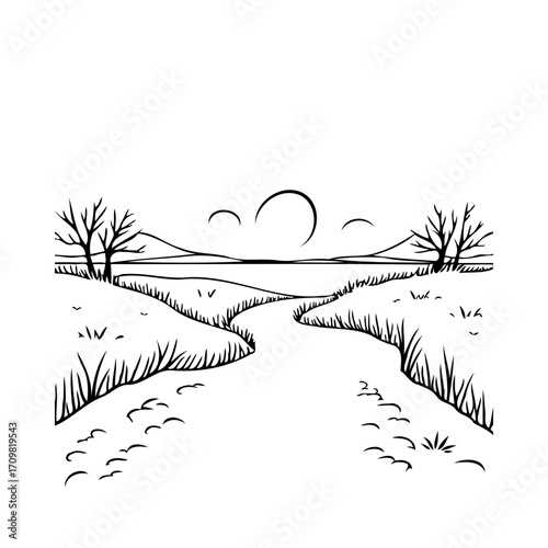Tranquil landscape illustration showcasing a serene path leading towards distant hills beneath