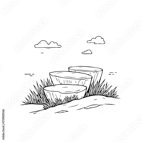 Tranquil natural landscape illustration presenting stone platforms under a bright sky with sparse