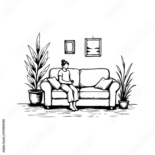 Tranquil solo relaxation on a cozy couch surrounded by botanical green foliage in a minimalist
