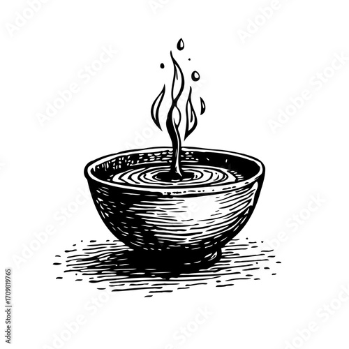 Vintage illustration of a ceramic bowl with a rising liquid and a whimsical water spirit emanating