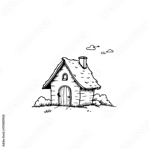 Whimsical abode illustration a hand drawn cottage nestled within gentle foliage evoking storybook