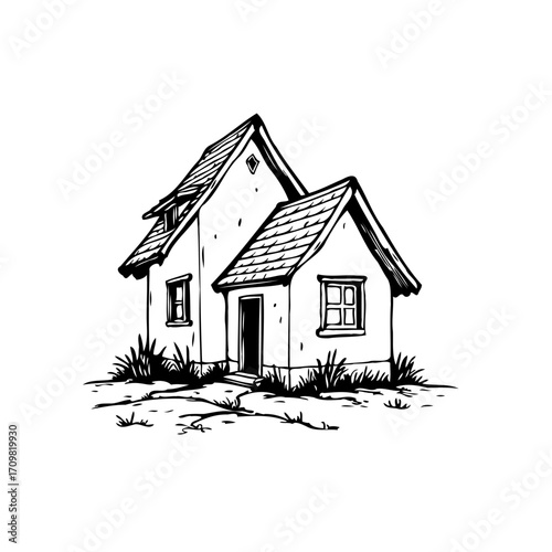 Whimsical abode drawing featuring quaint architecture and rustic charm adding character to a