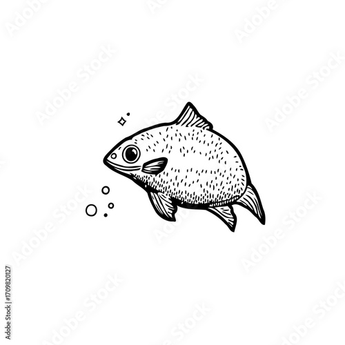 Whimsical aquatic creature sketched swimming gently in serene waters with ethereal bubbles