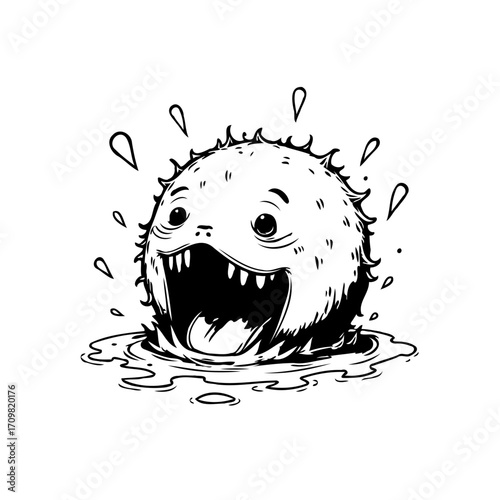 Whimsical aquatic creature with expressive features and distinctive spiky exterior in ink