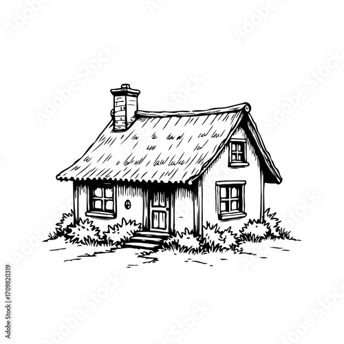 Whimsical black and white sketch of a quaint cottage evoking rustic charm and serenity in