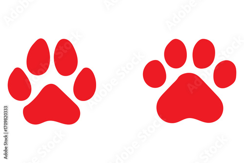 Red hand drawn paw print of dog or cat, dog cat foot print doodle style free hand drawing  icon art illustration