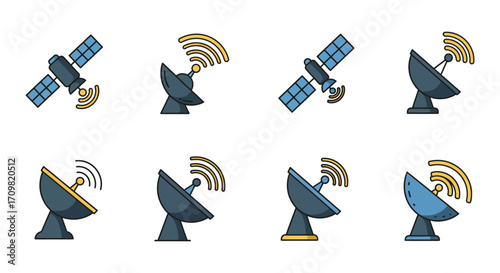 Collection of colorful satellite dishes and communication technology icons displayed