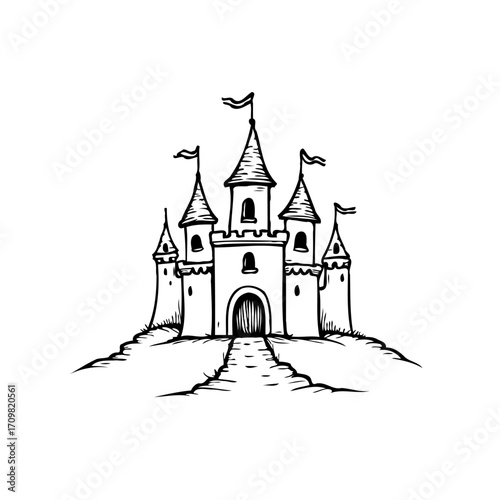Whimsical castle illustration, a charming monochrome drawing evokes fairy tales and fantasy