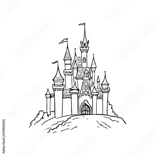 Whimsical castle illustration on a hill, a delightful sketch embodying fairytales and childhood