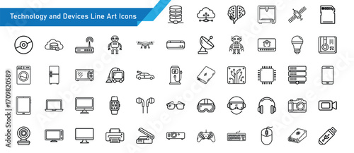 Technology and Devices Line Art Icon Set, 50 Vector Icons for Smartphones, Computers, Gadgets ,Electronics, Smart Devices and Digital Innovation Design