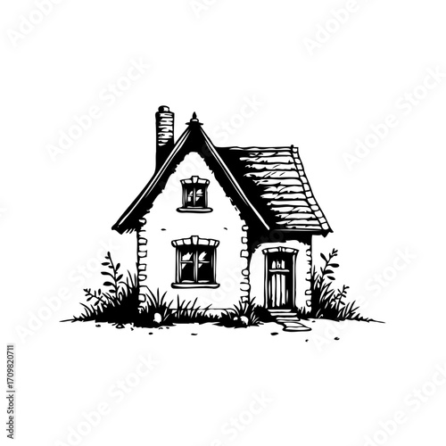 Whimsical cottage illustration with a quaint chimney and garden creating a peaceful residential