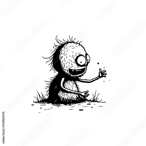 Whimsical creature artwork: a delightful cartoon monster with playful expression in black and