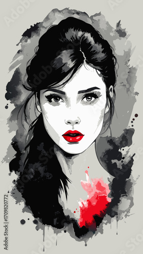 a vivid accent on the scarlet lips