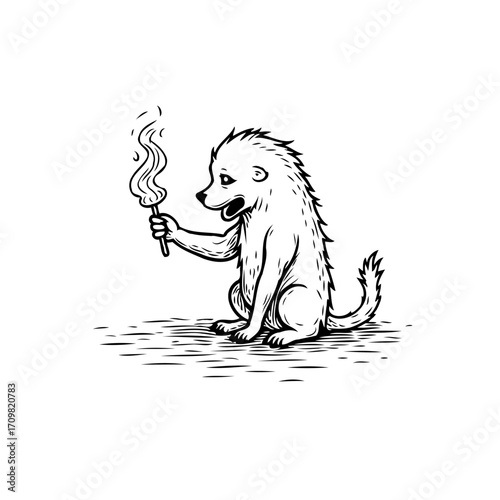 Whimsical creature holding a smoking wand in a monochrome illustration full of charm and wonder
