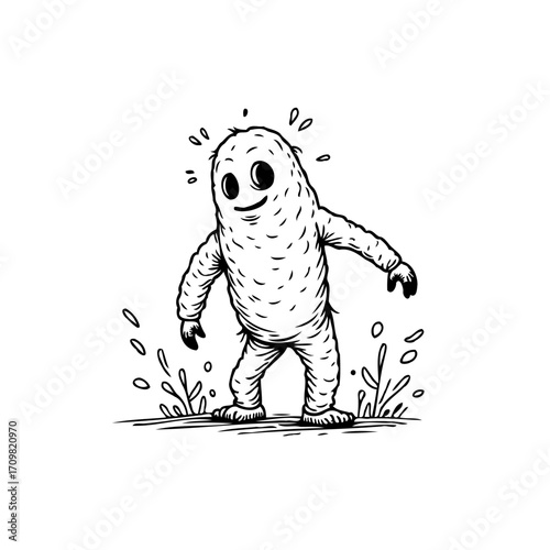 Whimsical creature in monochromatic doodle style walking through foliage with joyful demeanor and