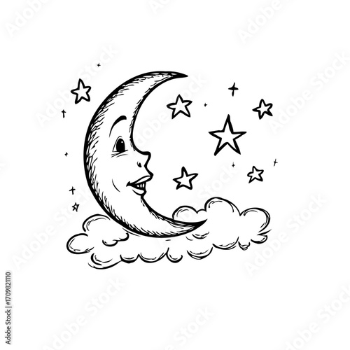 Whimsical crescent moon face illustration surrounded by twinkling stars floating above fluffy