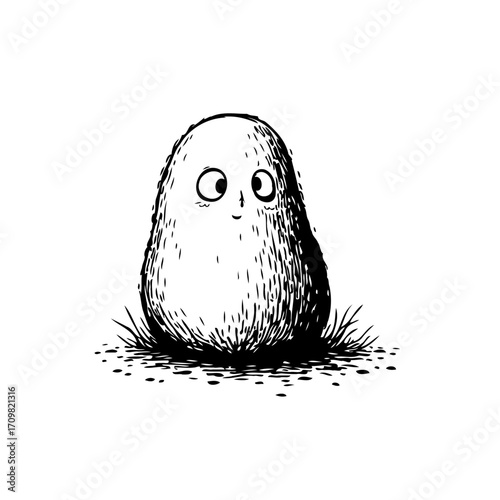Whimsical doodle of a furry creature with expressive eyes on a patch of grass in black and white