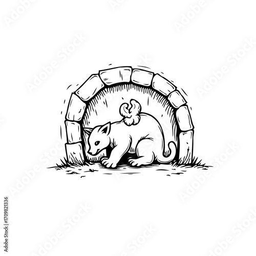 Whimsical drawing of a cat with a bird resting peacefully on its back inside a stone archway
