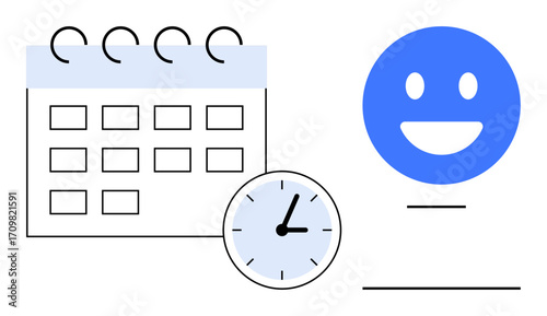 Calendar with marked days, clock indicating time focus, stylized happy face symbolizing satisfaction. Ideal for scheduling, organization, productivity, efficiency, happiness, motivation simple