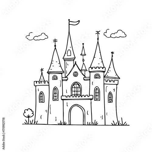 Whimsical fairytale kingdom sketch with turrets majestic spires drawing for a storybook children