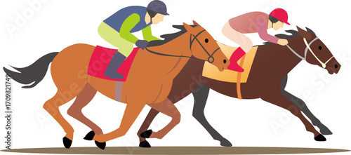 Vector illustration of horse racing with two jockeys riding fast horses in a traditional competition, symbolizing speed, strength, and sport
