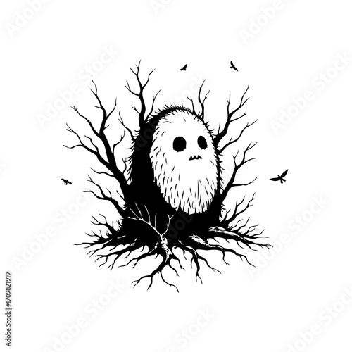 Whimsical forest dweller amidst bare branches with flying birds against a stark white background