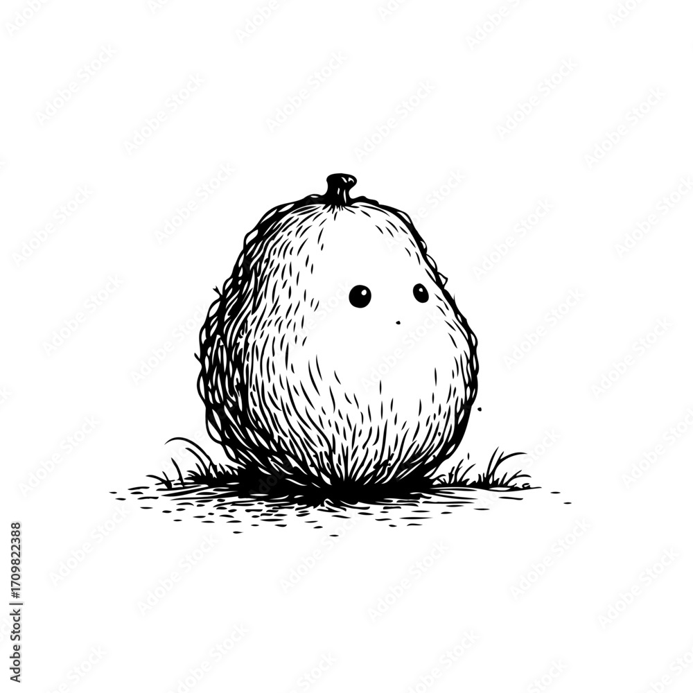 Whimsical gourd creature illustration with minimalist design and captivating monochrome aesthetic