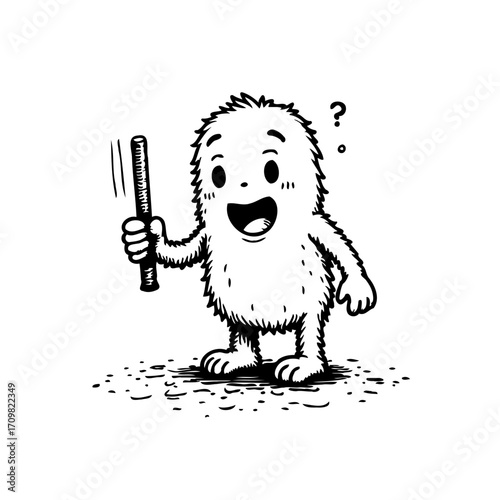 Whimsical fuzzy creature ponders potential uses for baton stick cartoon character graphic
