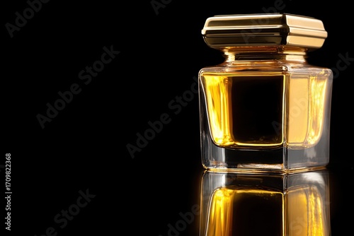 Golden perfume bottle on black background