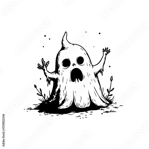 Whimsical halloween illustration showcasing a cute ghost with exaggerated features in an eerie