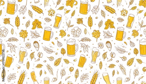 Hand drawn beer pattern with autumnal elements
