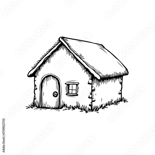 Whimsical hand drawn thatch roofed cottage illustration conveying simplistic charm and rural