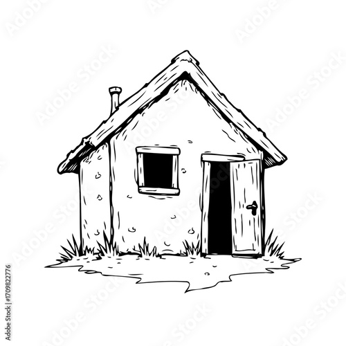 Whimsical hand drawn tiny house illustration depicting rural simplicity and minimalist lifestyle