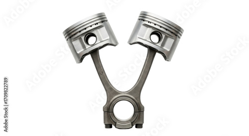 Isolated engine pistons connected by connecting rod, viewed straight on, car parts concept