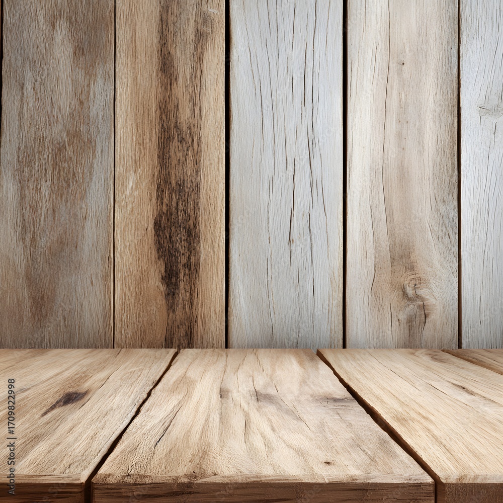 Naklejka premium Empty Rustic Wooden Table and Textured Plank Wall Background