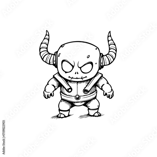 Whimsical horned character illustration in black and white artistic style with playful design